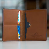 Beardbrand brown leather passport wallet open